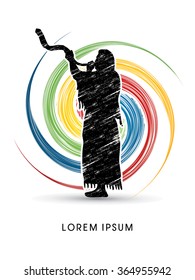A Man Blowing the shofar , designed using grunge brush on spin wheel background graphic vector.