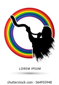 A Man Blowing the shofar , designed using grunge brush on rainbows background graphic vector.