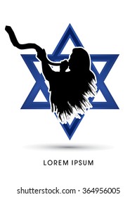 A Man Blowing the shofar , designed using grunge brush on Israel star background graphic vector.