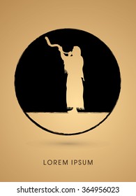 A Man Blowing the shofar , designed using grunge brush on circle shape graphic vector.