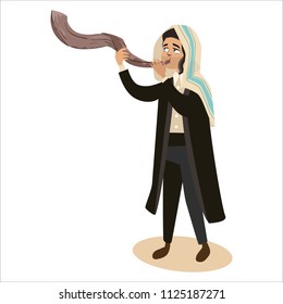 Man blowing Shofar horn for the Jewish New Year, Rosh Hashanah holiday, judaism religion vector illustration cartoon isolated on white