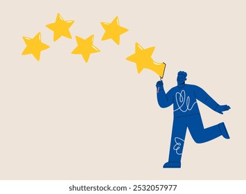 Homem soprando estrelas bolha. Conceito de satisfação. Ilustração vetorial colorida