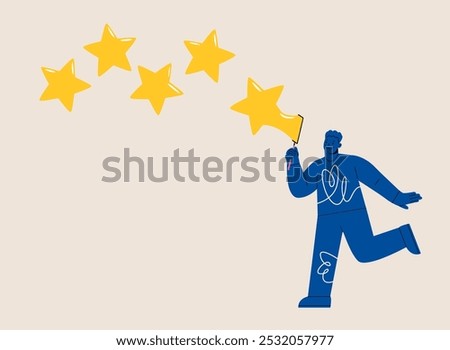 Man blowing stars bubble. Satisfaction concept. Colorful vector illustration