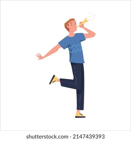 Man Blowing Whistle Celebrating Birthday Holiday Vector Illustration