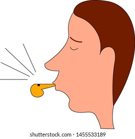Man blowing whistle, illustration, vector on white background.