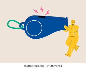 Man blowing the whistle out. Communication concept. Flat vector illustration isolated on white background