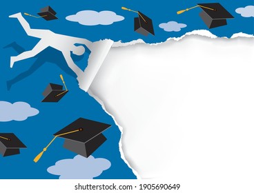 Man blowing in the wind, tearing paper, flying graduation caps.
Crazy graduation announcement background  with place for your text or image. Vector available.