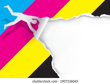 
Man blowing in the wind, tearing paper, with print colors, banner template. 
Torn paper illustration. Concept for presenting color printing. Place for your text or image. Vector available.