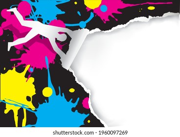 Man blowing in the wind, tearing paper, with print colors splatters.
Expressive illustration of Torn paper background. Concept for presenting color printing. Place for your text. Vector available.