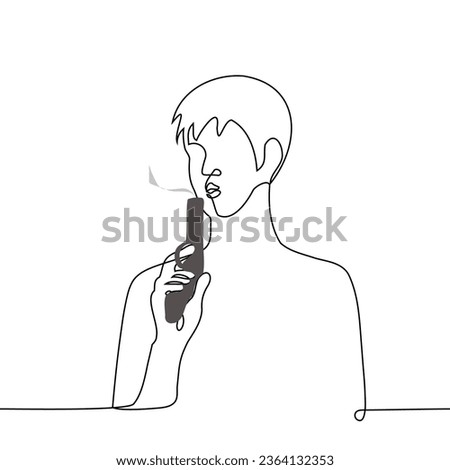 man blows away the smoke of a gun in his hand - one line art vector. concept male cue shooter, male killer, metaphor for heartthrob or deadly charisma