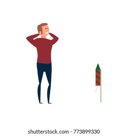 Man blows up fireworks, closes the ears. Vector image with no background