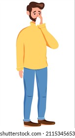 The man blows his nose into a handkerchief. Cold. Disease. Isolated. White background. Flat style. Pandemic. Vector Stock Illustration.