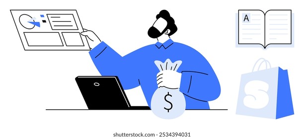 Homem em azul analisando gráficos de dados segurando saco de dinheiro com laptop perto livro aberto e saco de compras. Ideal para negócios, e-commerce, educação, finanças, marketing. Estilo minimalista de arte vetorial