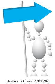 Man with blue arrow. Abstract 3d-human series from balls. Variant of white isolated on white background. A fully editable vector illustration for your design.