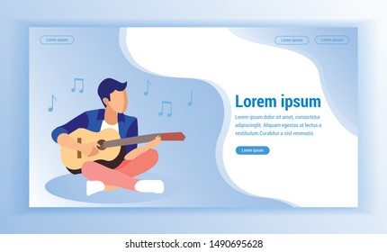 Man in Blue Blazer Sitting on Floor in Lotus Pose Playing Guitar. Coworking Center. Hobby Young People. Vector Illustration. Time Rest. Monitor Screen Website. Man Learn Play Guitar on Blue Background