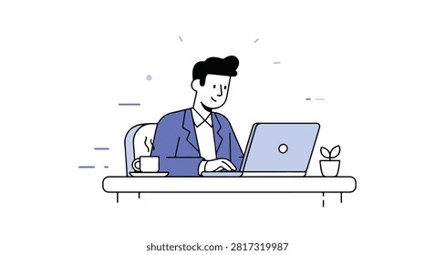 A man in a blue blazer works on a laptop at a desk with a mug and plant, in a minimalist setting.	