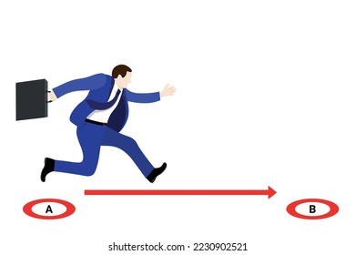 A man in a blue business suit with a briefcase runs from point A to point B, isolate on white, flat vector