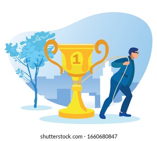 Man in Blue Business Suit and Glasses, Struggling for Success, Dragging Huge Golden Champion Cup like Cart Horse, Against Cityscape Background with Business Quarter, Office Buildings and Skyscrapers