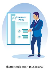 Man in Blue Business Suit with Insurance Policy in Hands. Vector Illustration. Reliable Protection. Insurance for Family. Insurance Case. Employee Company. Insurance Agent Present Policy.