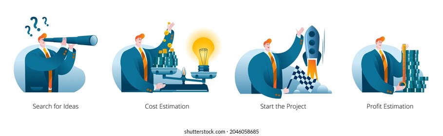 A man in a blue business suit launches a new project in the form of a rocket. Set of vector illustrations for the mobile application.