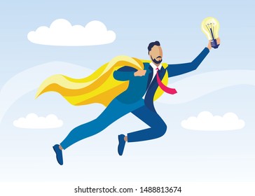 Man in Blue Business Suit, Red Tie and Yellow Cloak, Flying High Somewhere Purposefully, Inspired with Good Idea, Glad at Finding Solution to His Problem, Carrying Electric Bulb as its Symbol in Hand