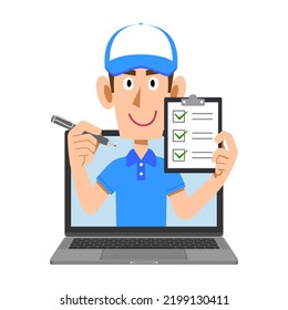 Man In Blue Cap And Polo Shirt Checking Online