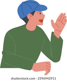 Man in a blue cap waving and talking