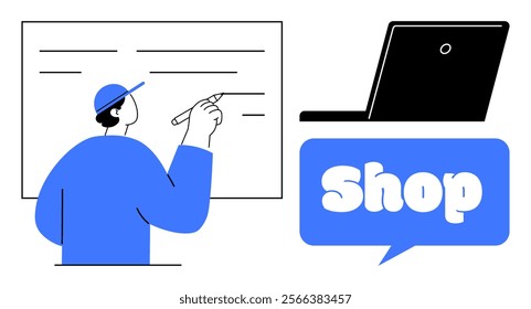 Man in blue cap writing on a whiteboard. Next to him is a laptop icon and a speech bubble with the word Shop. Ideal for education, e-commerce, online learning, teaching, digital marketing. Simple