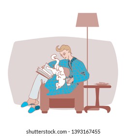 A man in a blue checkered coat sits across the chair. On his lap are a sleeping cat and an open book. Behind the man’s back is a small room with a lamp and a table.