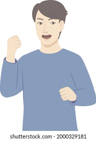 A man in blue clothes doing a guts pose