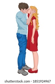 Man in blue clothes kissing a blonde woman dressed in red. Vector