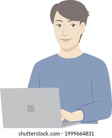 A man in blue clothes using a laptop