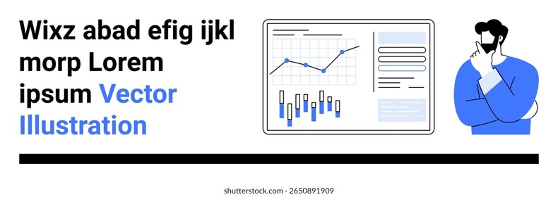 Man in blue clothing analyzing data charts, graphs, and performance metrics. Ideal for business analysis, financial reports, data visualization, strategic planning, market research, decision making