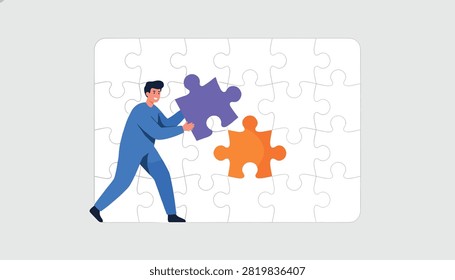 Man in blue clothing assembling jigsaw puzzle on wall by fitting purple and orange puzzle pieces together.