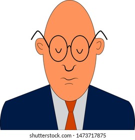 A man in a blue coat with an orange tie and a big glasses, vector, color drawing or illustration.