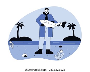 A man in a blue coat stands on a sandy tropical beach holding a large, spotted fish horizontally with both hands.