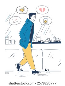 A man in a blue coat walking in the rain, thinking about finances, love, and security urban background. Concept of stress and mental burden. Flat cartoon vector illustration