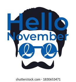 Man With Blue Glasses and Ribbon Sign Of Awareness. Hello November Cancer Awareness Vector Template Design. Mustache Vector Design.