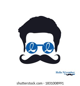 Man With Blue Glasses and Ribbon Sign Of Awareness. No Shave Cancer Awareness Vector Template Design. Mustache Vector Design.