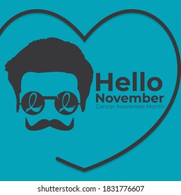  Man With Blue Glasses and Ribbon Sign Of Awareness. Hello November Cancer Awareness Vector Template Design. Mustache Vector Design.