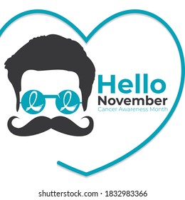 Man With Blue Glasses and Ribbon Sign Of Awareness. Hello November Cancer Awareness Vector Template Design. Mustache Vector Design.