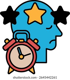 A man with a blue head and red clock with the hands on the numbers 3 and 9. The man is looking at the clock and he is in a state of confusion or frustration. Concept of time passing quickly