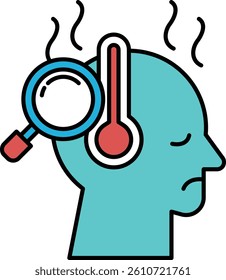 A man with a blue head and a red thermometer on his head. The thermometer is showing a high temperature