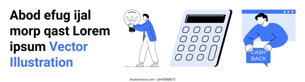 Homem em azul segurando lâmpada, calculadora e homem recebendo cashback exibido na janela do navegador. Ideal para apresentações, tópicos financeiros, materiais educacionais, posts de blog, marketing, negócios