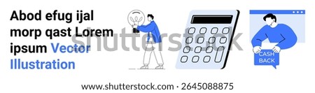 Man in blue holding light bulb, calculator, and man receiving cashback displayed in browser window. Ideal for presentations, financial topics, educational materials, blog posts, marketing, business