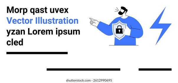 Man in blue holding a shield with lock, pointing accompanied by text and lightning bolt. Ideal for security, technology, marketing, tutorials, web design, educational materials. Landing page
