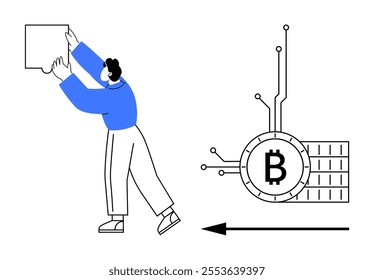 A man in blue holds a puzzle piece near a Bitcoin symbol with circuit lines, representing digital currency and blockchain technology. Ideal for finance, cryptocurrency, problem-solving, blockchain