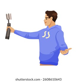 Man in blue hoodie taking selfie with phone on selfie stick gesture. Vector illustration