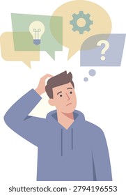 A man in a blue hoodie thinking with a light bulb idea and question mark