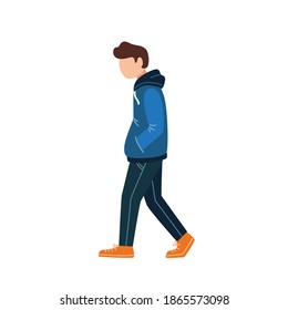 Man In Blue Hoodie Walking Side View Flat Illustration.